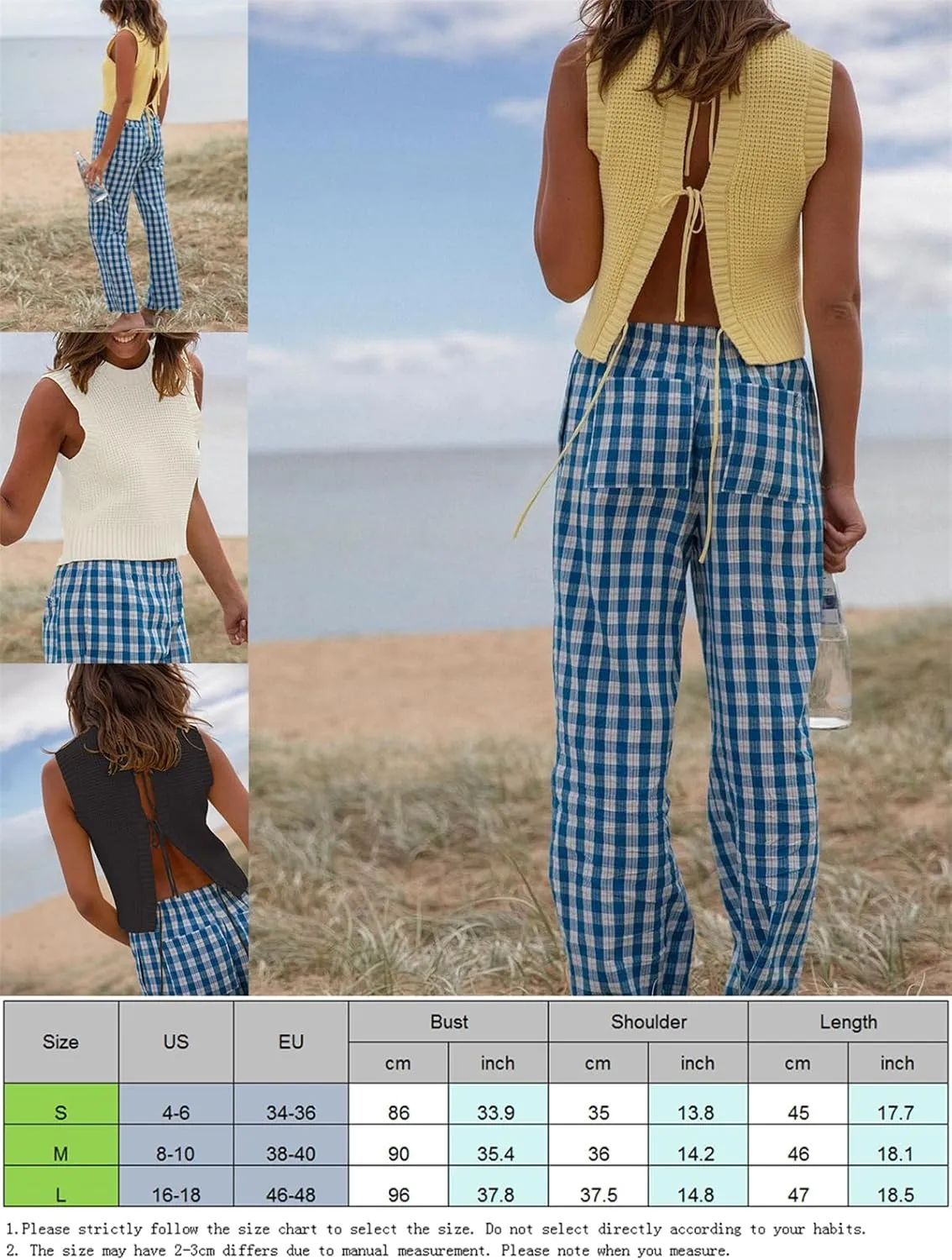 Women Y2K Backless Sweater Vest Tie Up Split Open Back Knit Vest Sleeveless Crewneck Pullover Summer Tank Crop Tops