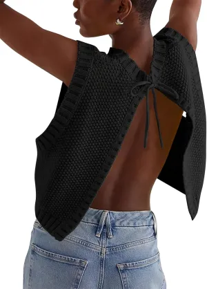 Women Y2K Backless Sweater Vest Tie Up Split Open Back Knit Vest Sleeveless Crewneck Pullover Summer Tank Crop Tops