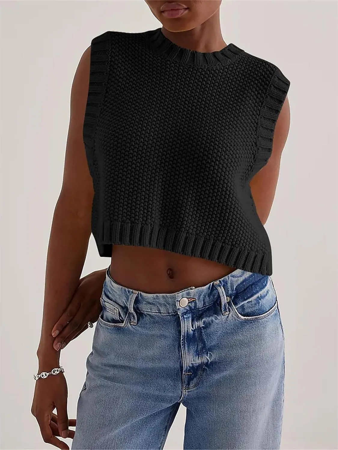 Women Y2K Backless Sweater Vest Tie Up Split Open Back Knit Vest Sleeveless Crewneck Pullover Summer Tank Crop Tops