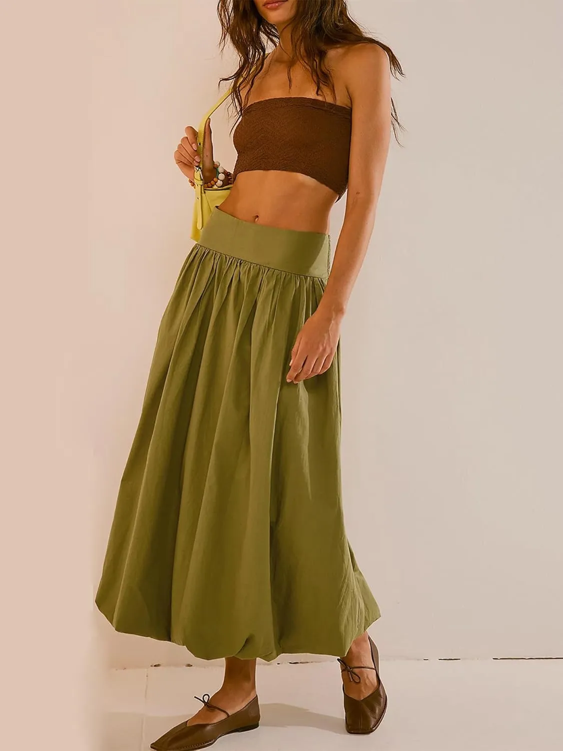 Women Y2k Bubble Maxi Skirt Low Elastic Waist A Line Long Skirt Summer Ruffle Pleated Midi Puffball Skirt