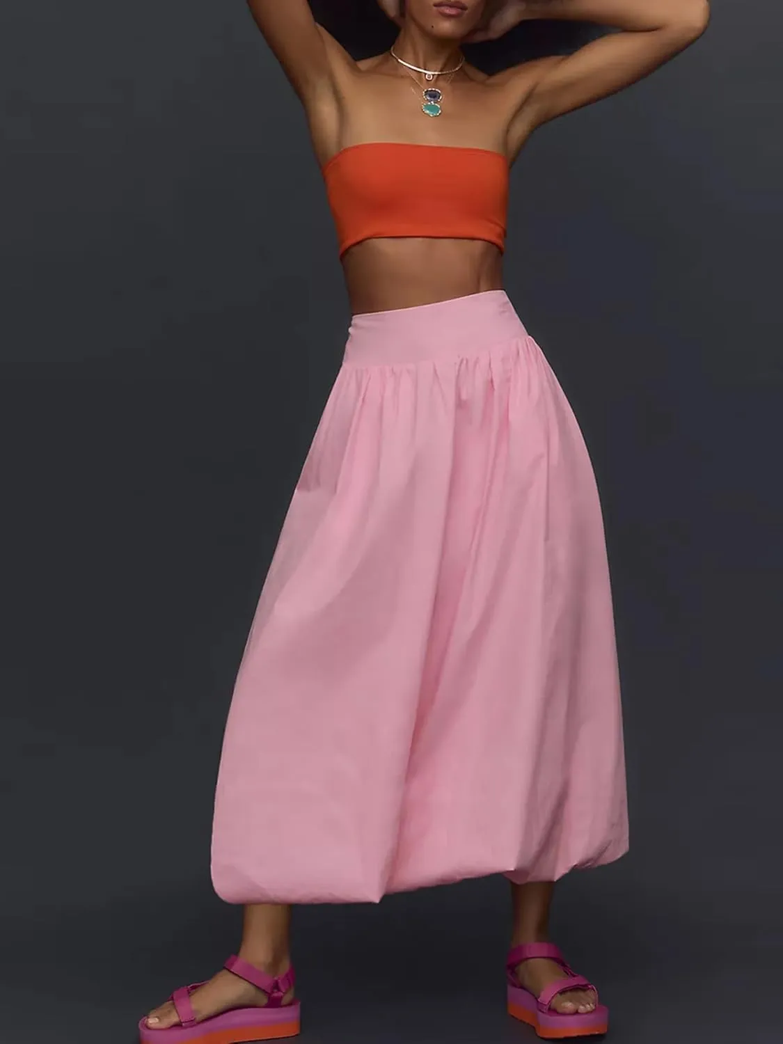 Women Y2k Bubble Maxi Skirt Low Elastic Waist A Line Long Skirt Summer Ruffle Pleated Midi Puffball Skirt