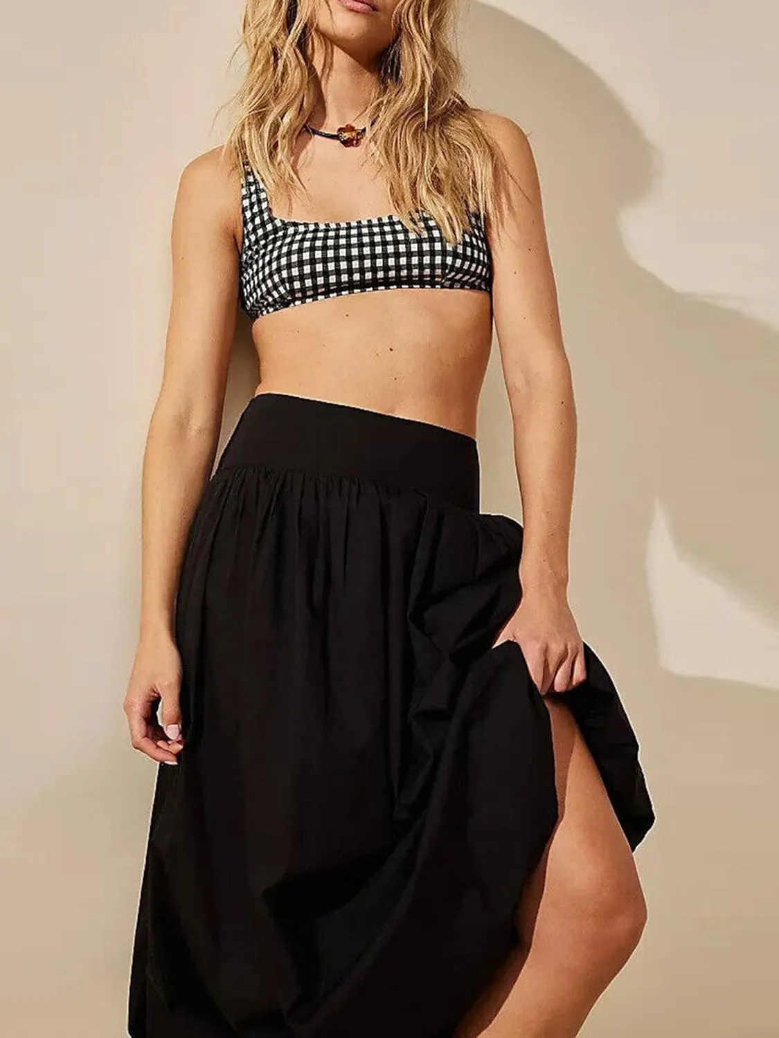 Women Y2k Bubble Maxi Skirt Low Elastic Waist A Line Long Skirt Summer Ruffle Pleated Midi Puffball Skirt