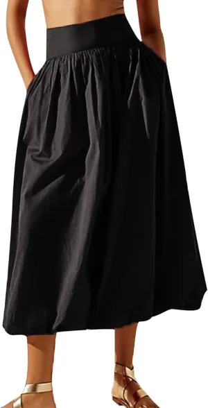 Women Y2k Bubble Maxi Skirt Low Elastic Waist A Line Long Skirt Summer Ruffle Pleated Midi Puffball Skirt