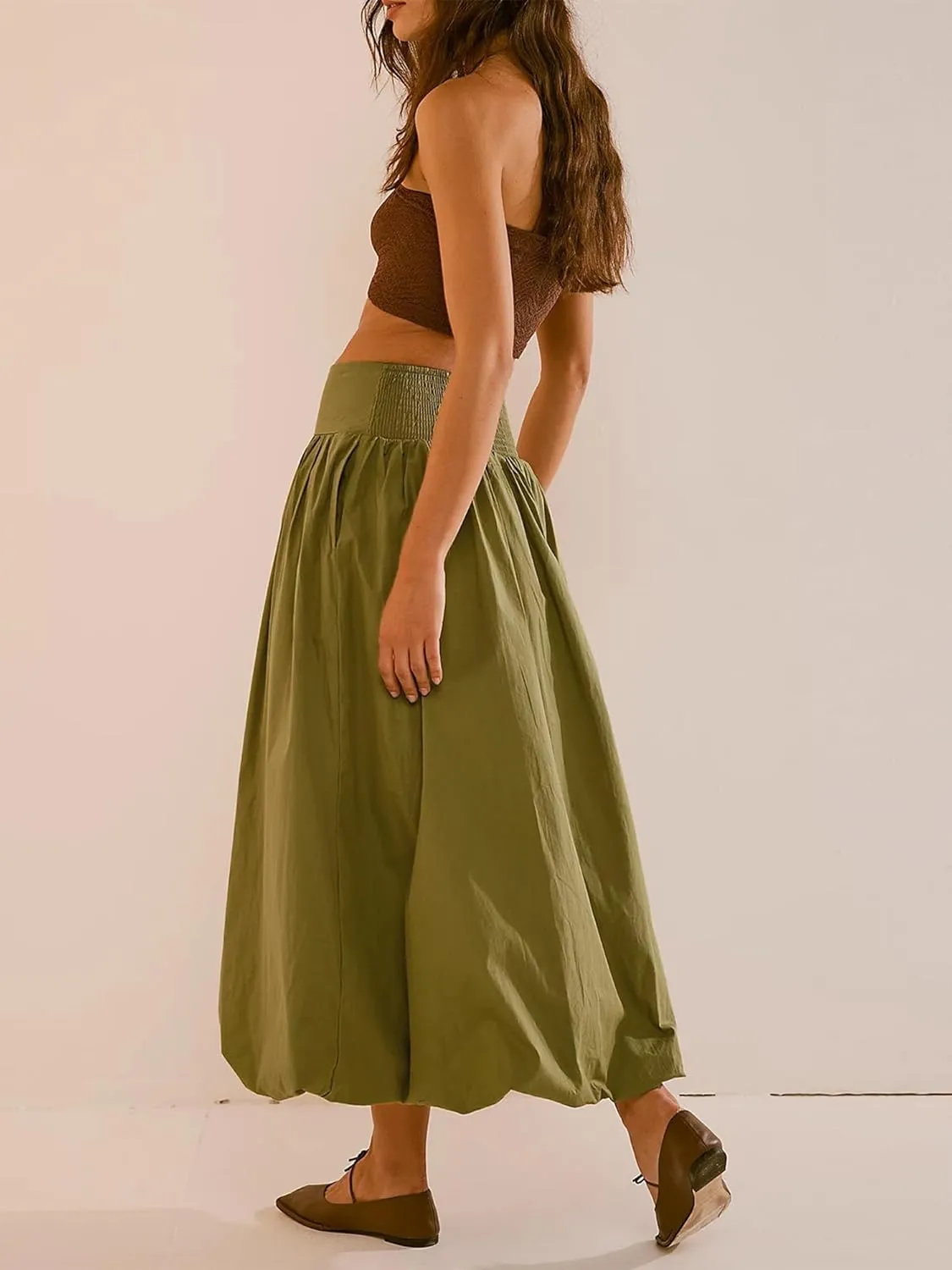 Women Y2k Bubble Maxi Skirt Low Elastic Waist A Line Long Skirt Summer Ruffle Pleated Midi Puffball Skirt