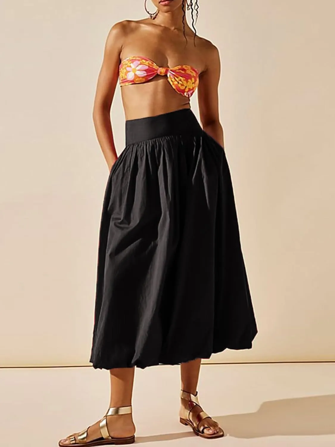 Women Y2k Bubble Maxi Skirt Low Elastic Waist A Line Long Skirt Summer Ruffle Pleated Midi Puffball Skirt