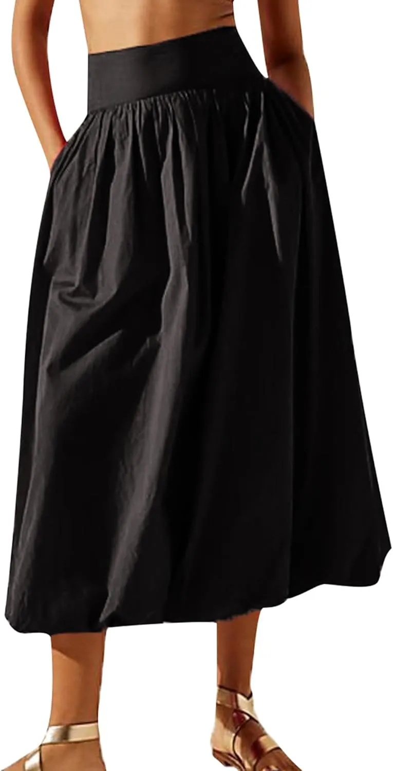 Women Y2k Bubble Maxi Skirt Low Elastic Waist A Line Long Skirt Summer Ruffle Pleated Midi Puffball Skirt