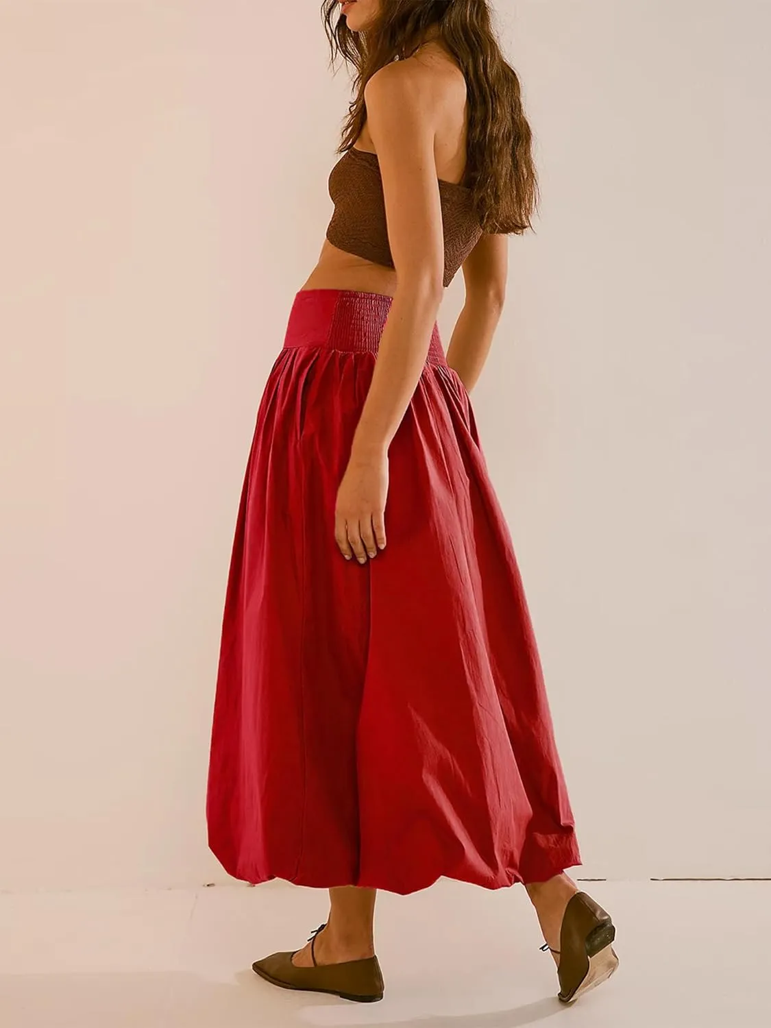 Women Y2k Bubble Maxi Skirt Low Elastic Waist A Line Long Skirt Summer Ruffle Pleated Midi Puffball Skirt