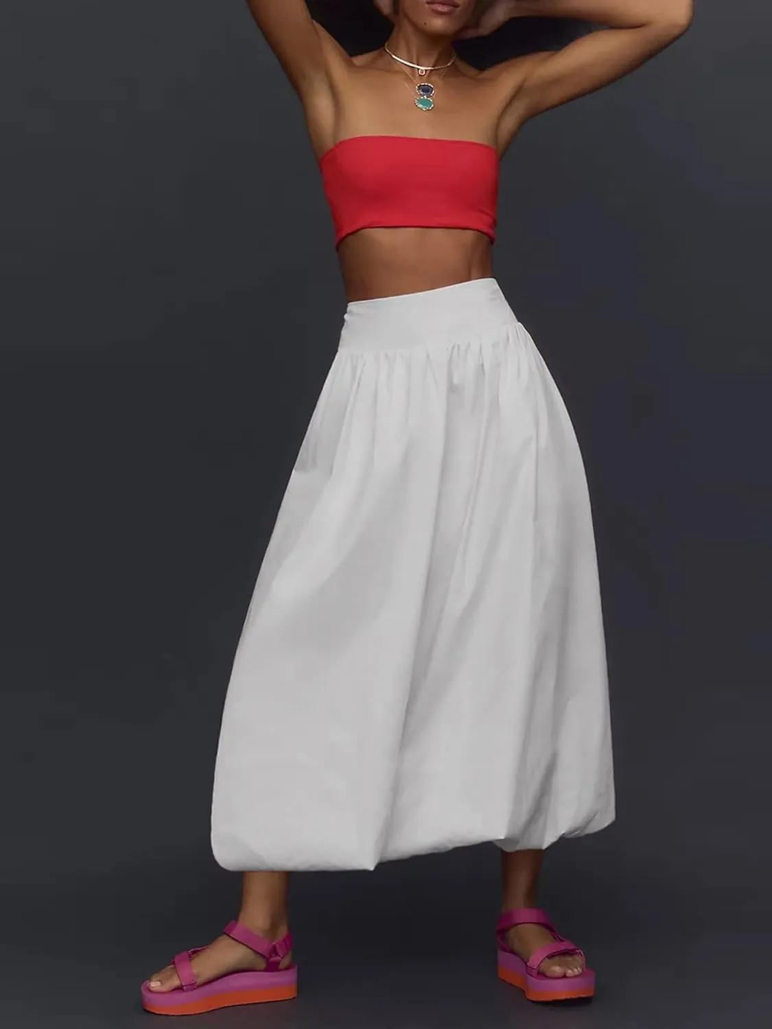 Women Y2k Bubble Maxi Skirt Low Elastic Waist A Line Long Skirt Summer Ruffle Pleated Midi Puffball Skirt