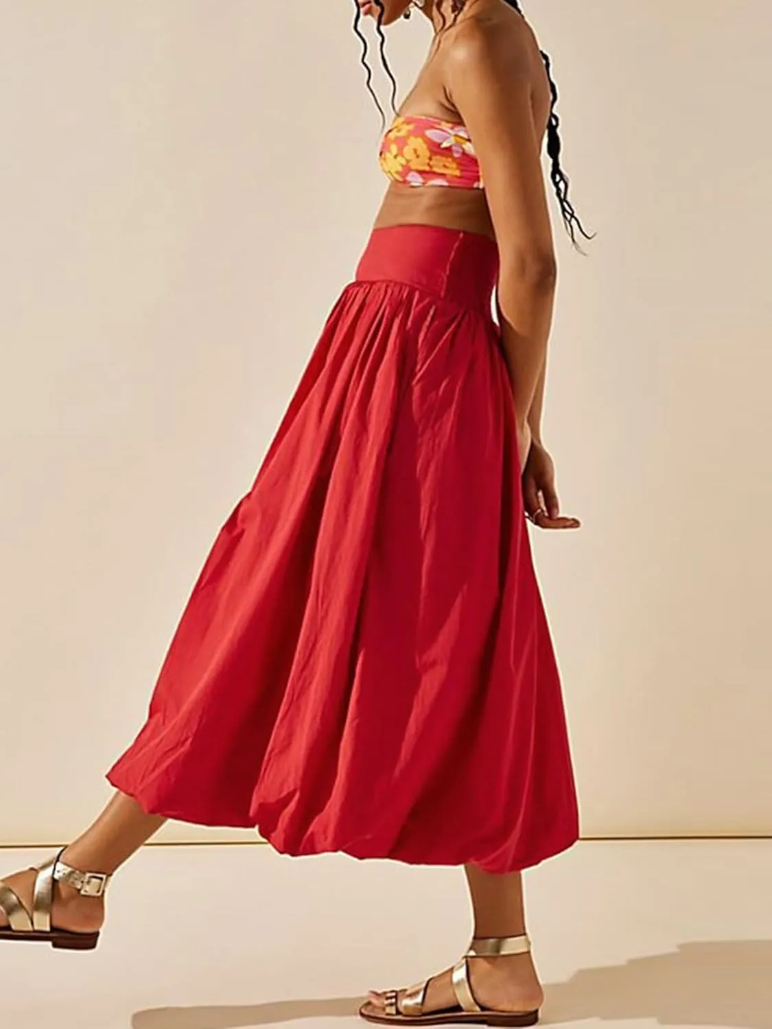 Women Y2k Bubble Maxi Skirt Low Elastic Waist A Line Long Skirt Summer Ruffle Pleated Midi Puffball Skirt