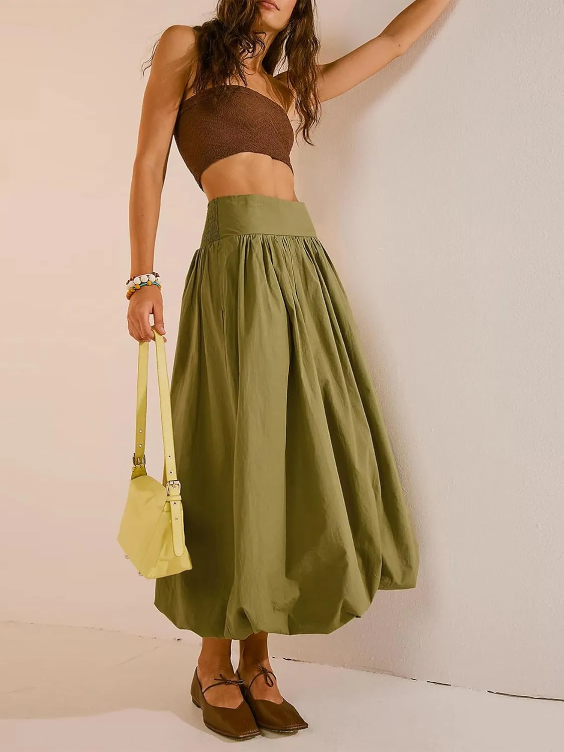 Women Y2k Bubble Maxi Skirt Low Elastic Waist A Line Long Skirt Summer Ruffle Pleated Midi Puffball Skirt