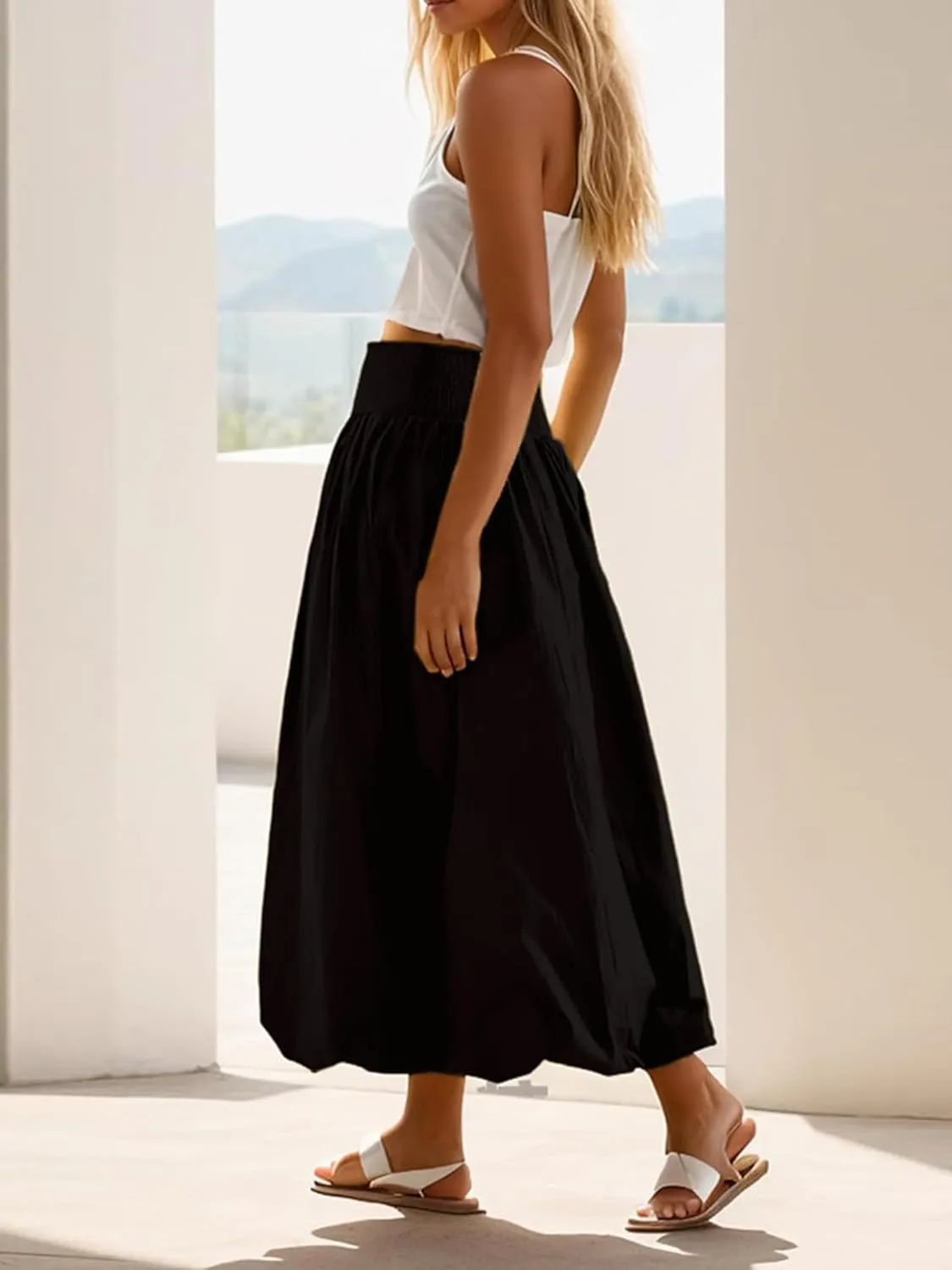 Women Y2k Bubble Maxi Skirt Low Elastic Waist A Line Long Skirt Summer Ruffle Pleated Midi Puffball Skirt
