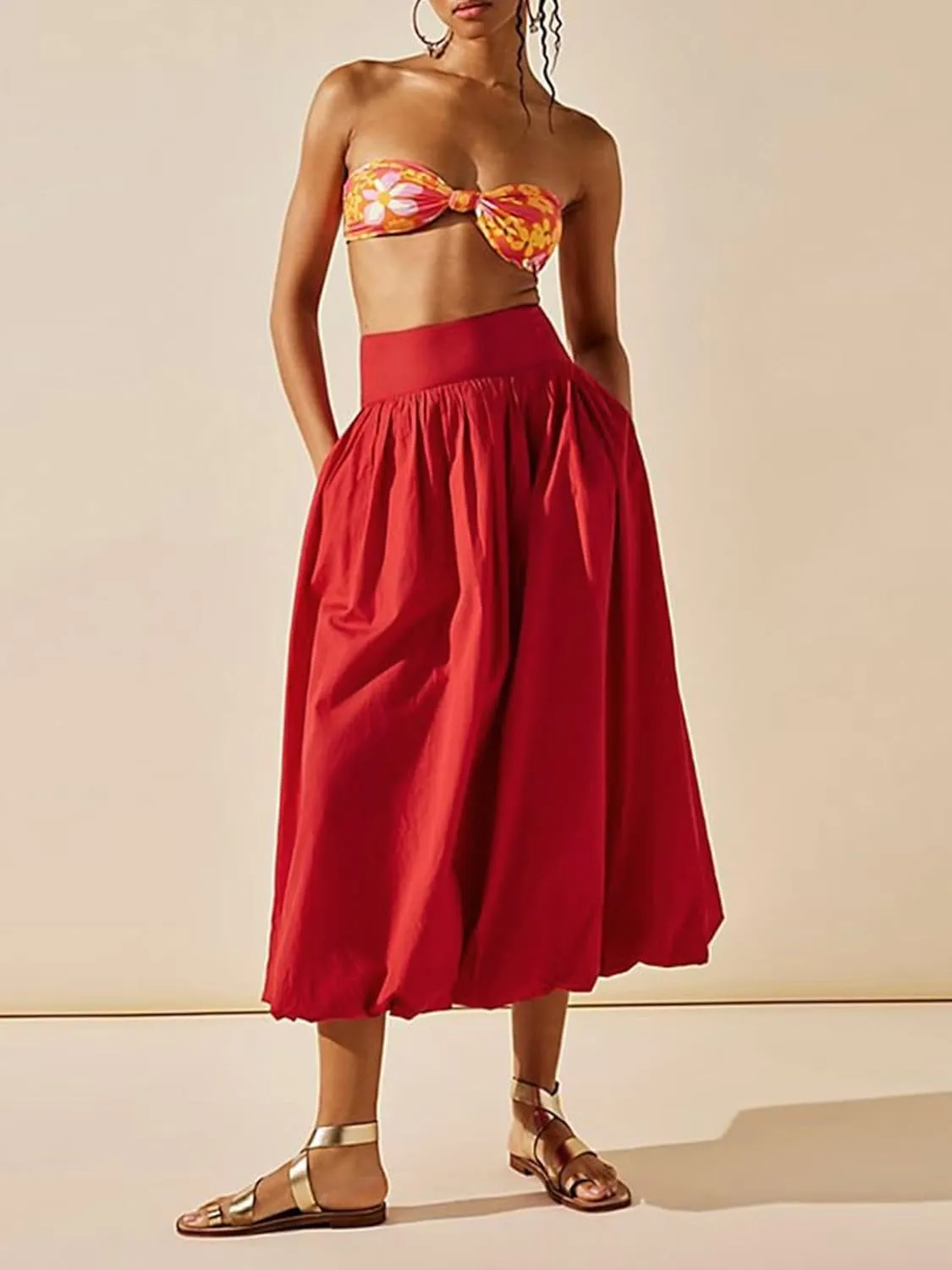 Women Y2k Bubble Maxi Skirt Low Elastic Waist A Line Long Skirt Summer Ruffle Pleated Midi Puffball Skirt