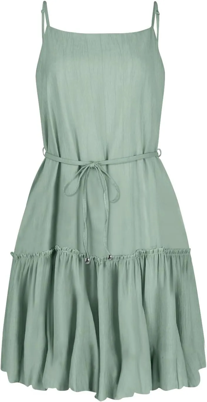 Womens 2024 Summer Floral Mini Dress Flowy Skater Dresses Short Sleeveless Ruffle Spaghetti Strap Beach Vacation Sundress