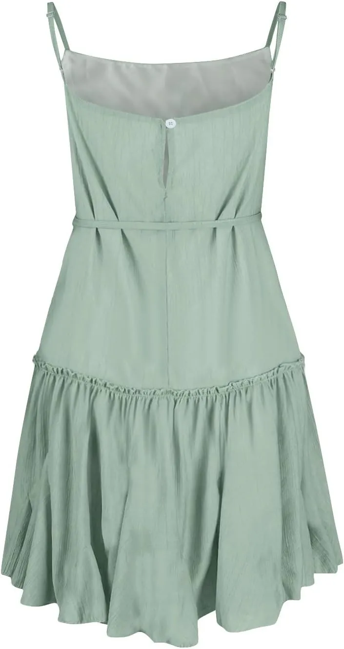 Womens 2024 Summer Floral Mini Dress Flowy Skater Dresses Short Sleeveless Ruffle Spaghetti Strap Beach Vacation Sundress