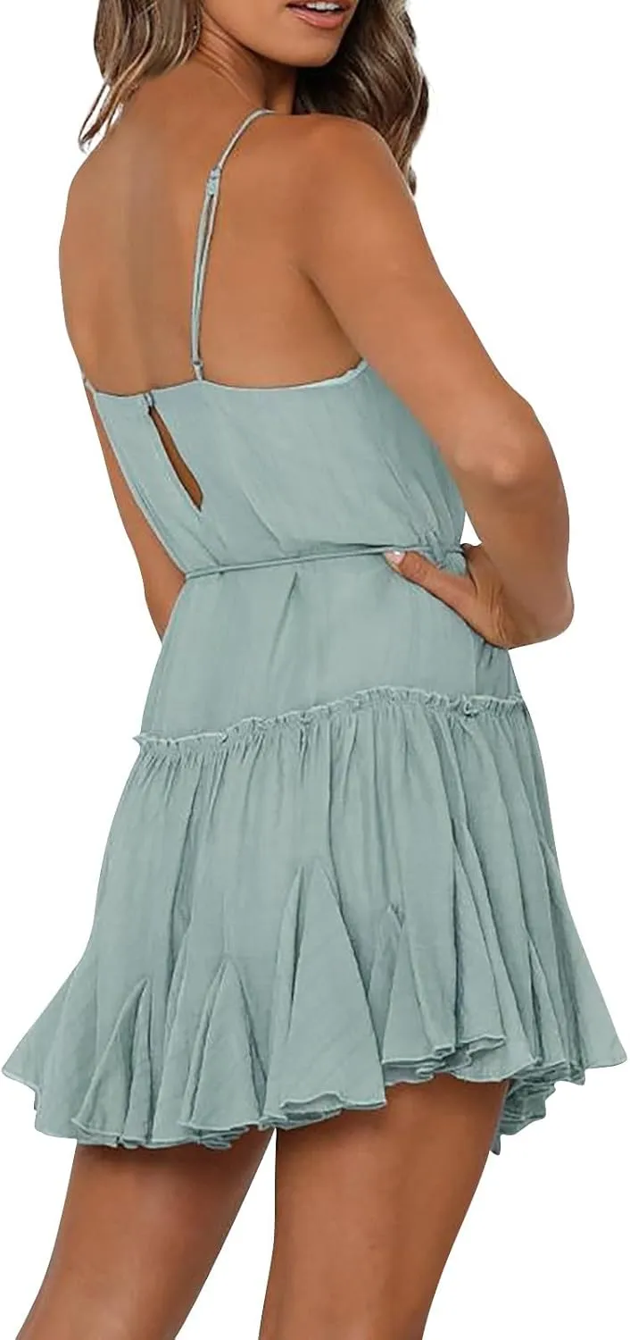 Womens 2024 Summer Floral Mini Dress Flowy Skater Dresses Short Sleeveless Ruffle Spaghetti Strap Beach Vacation Sundress