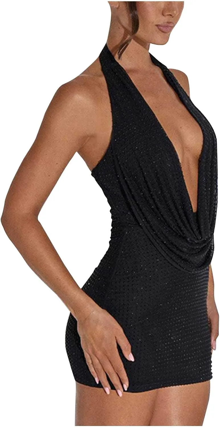 Womens 2024 Wrap V Neck Dress Sequin Sleeveless Ruched Bodycon Sexy Dress Ladies Party Cocktail Club Fashion Mini Party Dress