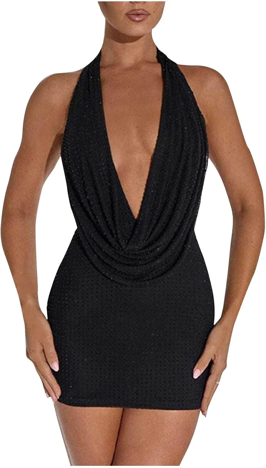 Womens 2024 Wrap V Neck Dress Sequin Sleeveless Ruched Bodycon Sexy Dress Ladies Party Cocktail Club Fashion Mini Party Dress
