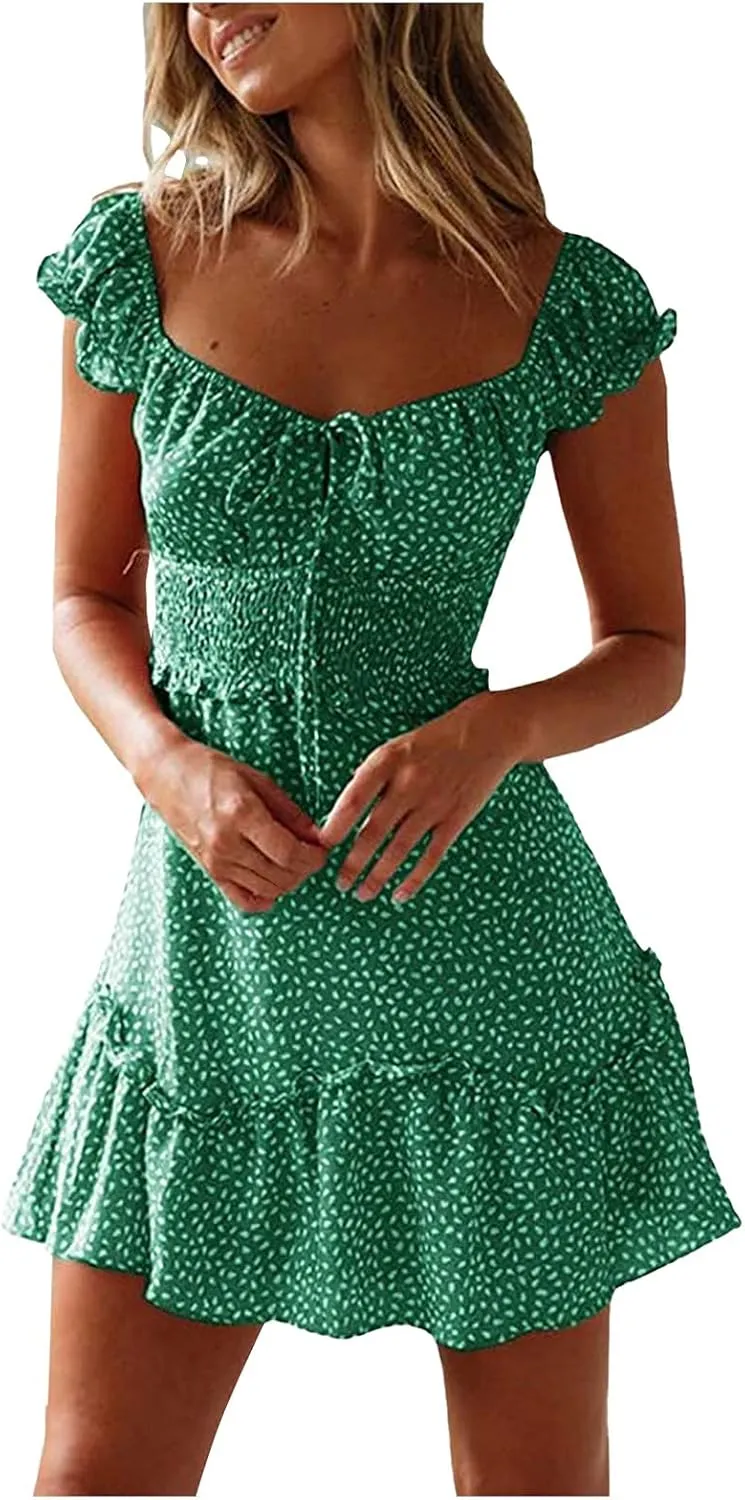 Womens 2025 Summer Ruffle Dress Casual Sexy Short Sleeve Boho Short Mini Beach Vacation Sundress