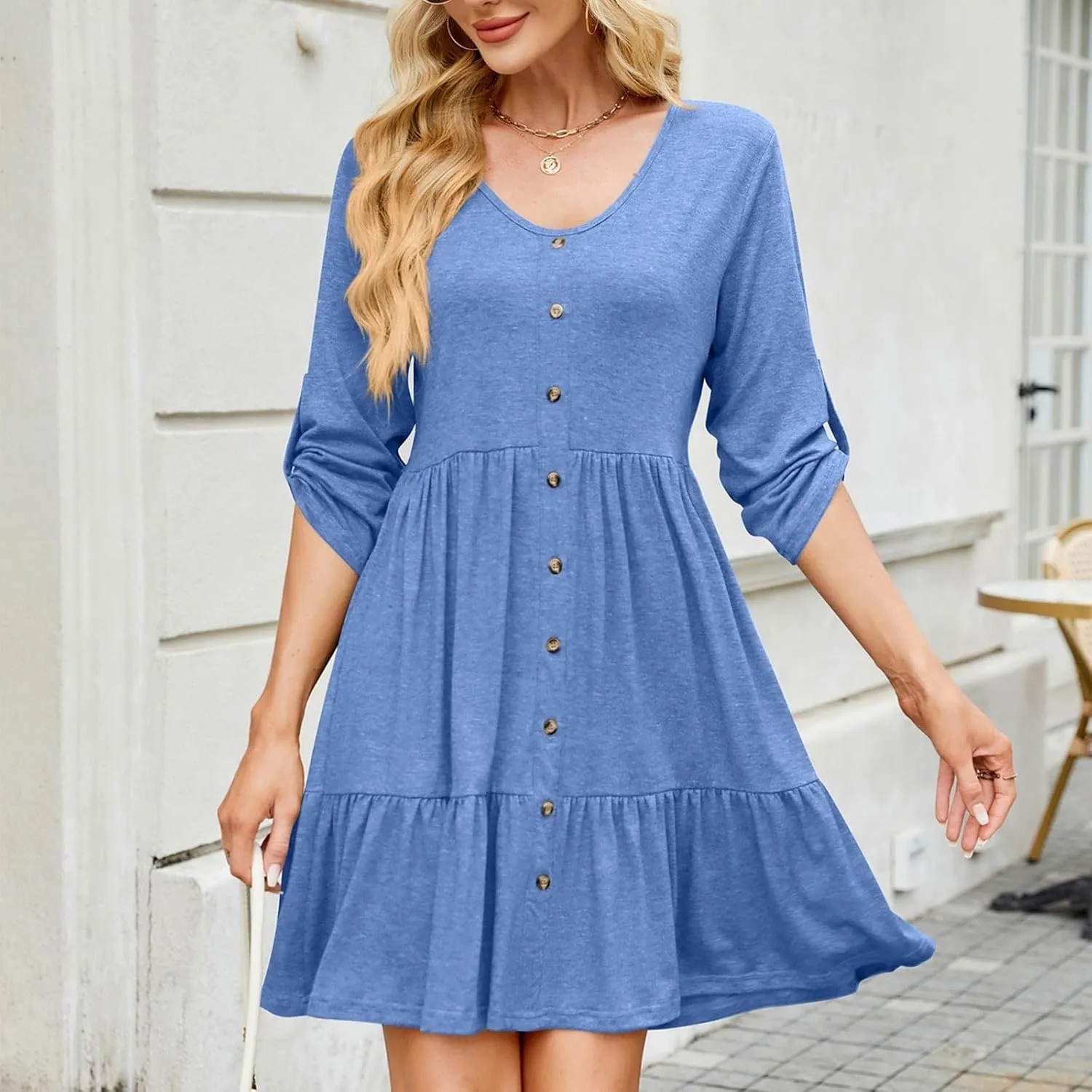 Womens 3/4 Ruffle Sleeve Mini Dress 2025 Spring Swing V Neck Vacation Beach Dresses Cute Babydoll Short Sundress