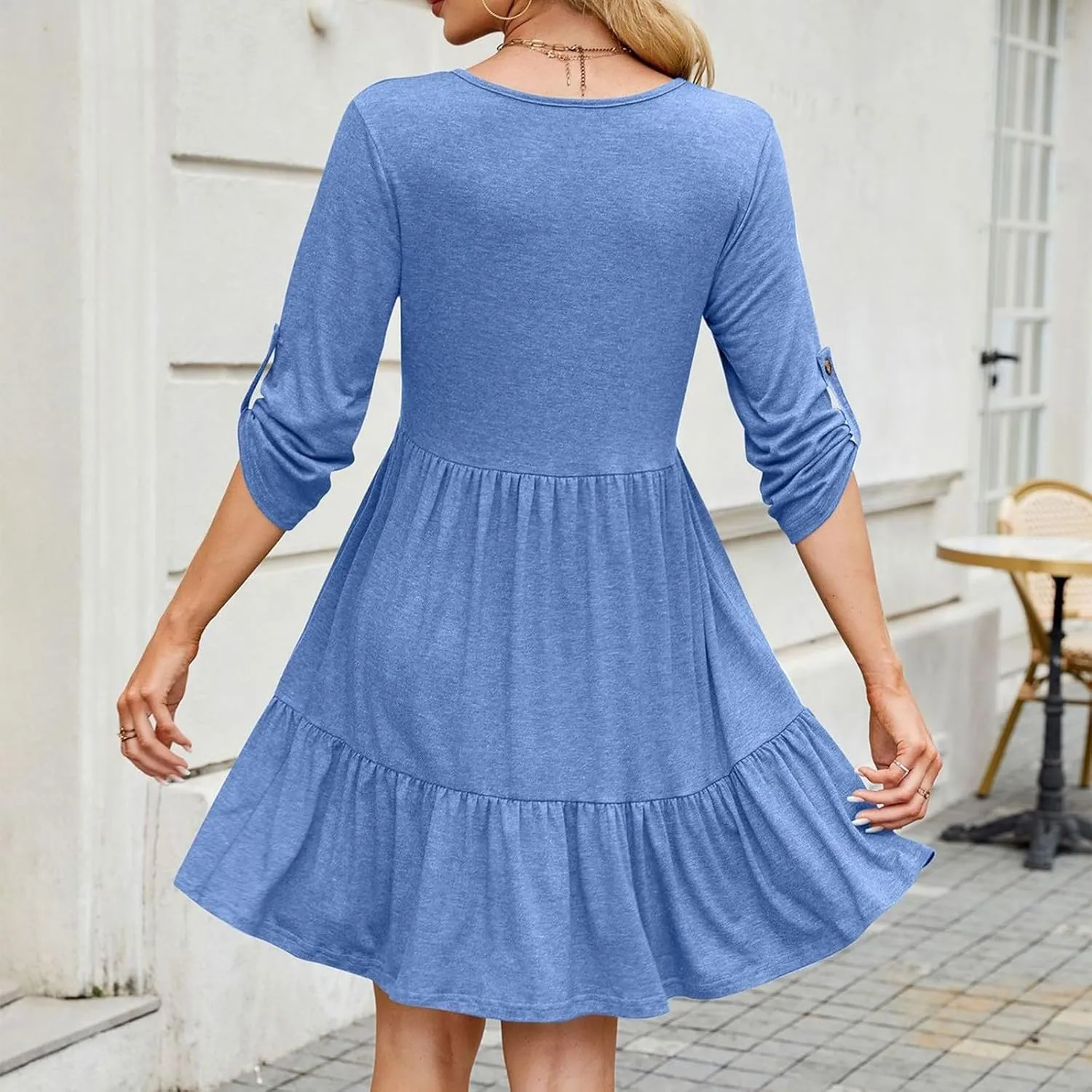Womens 3/4 Ruffle Sleeve Mini Dress 2025 Spring Swing V Neck Vacation Beach Dresses Cute Babydoll Short Sundress