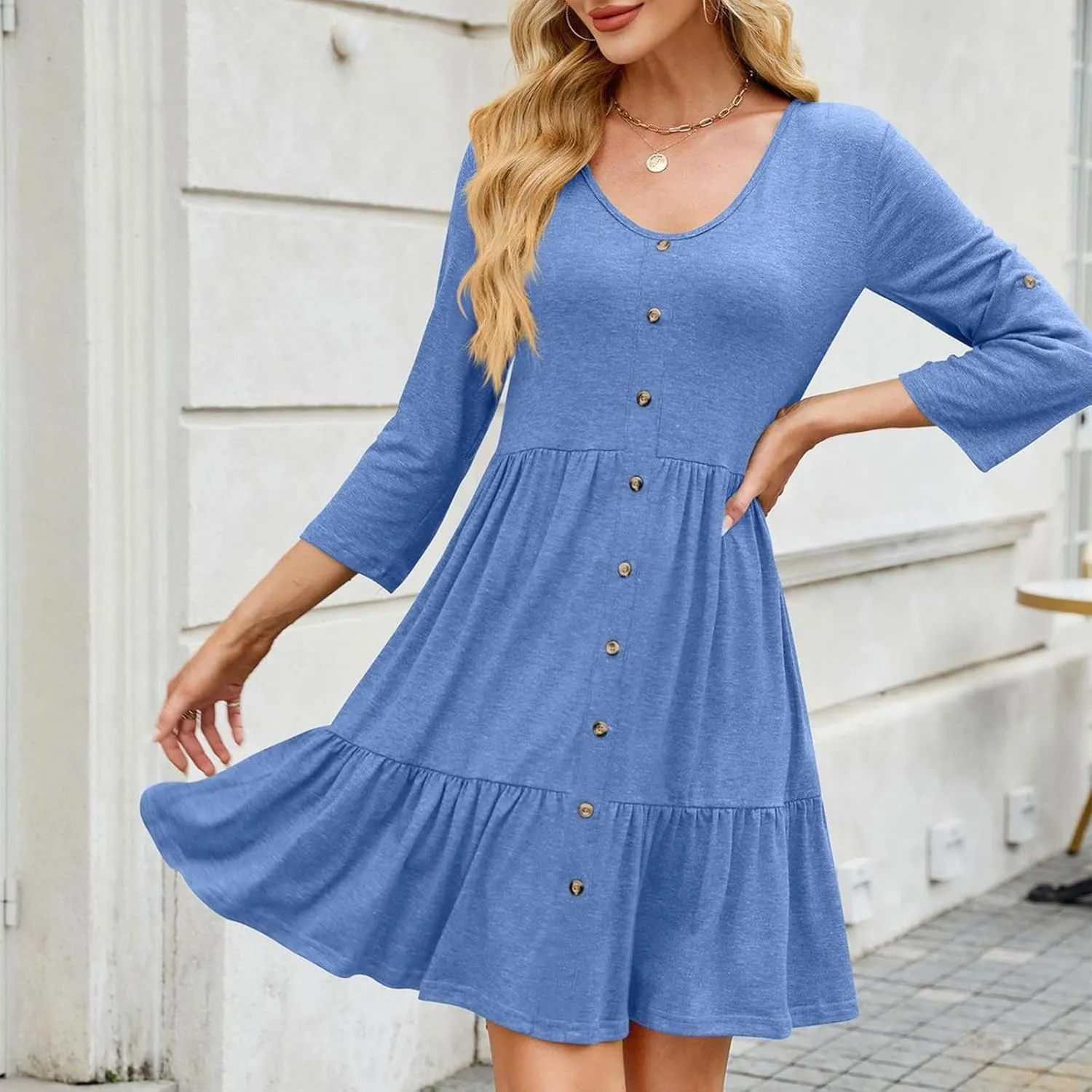 Womens 3/4 Ruffle Sleeve Mini Dress 2025 Spring Swing V Neck Vacation Beach Dresses Cute Babydoll Short Sundress