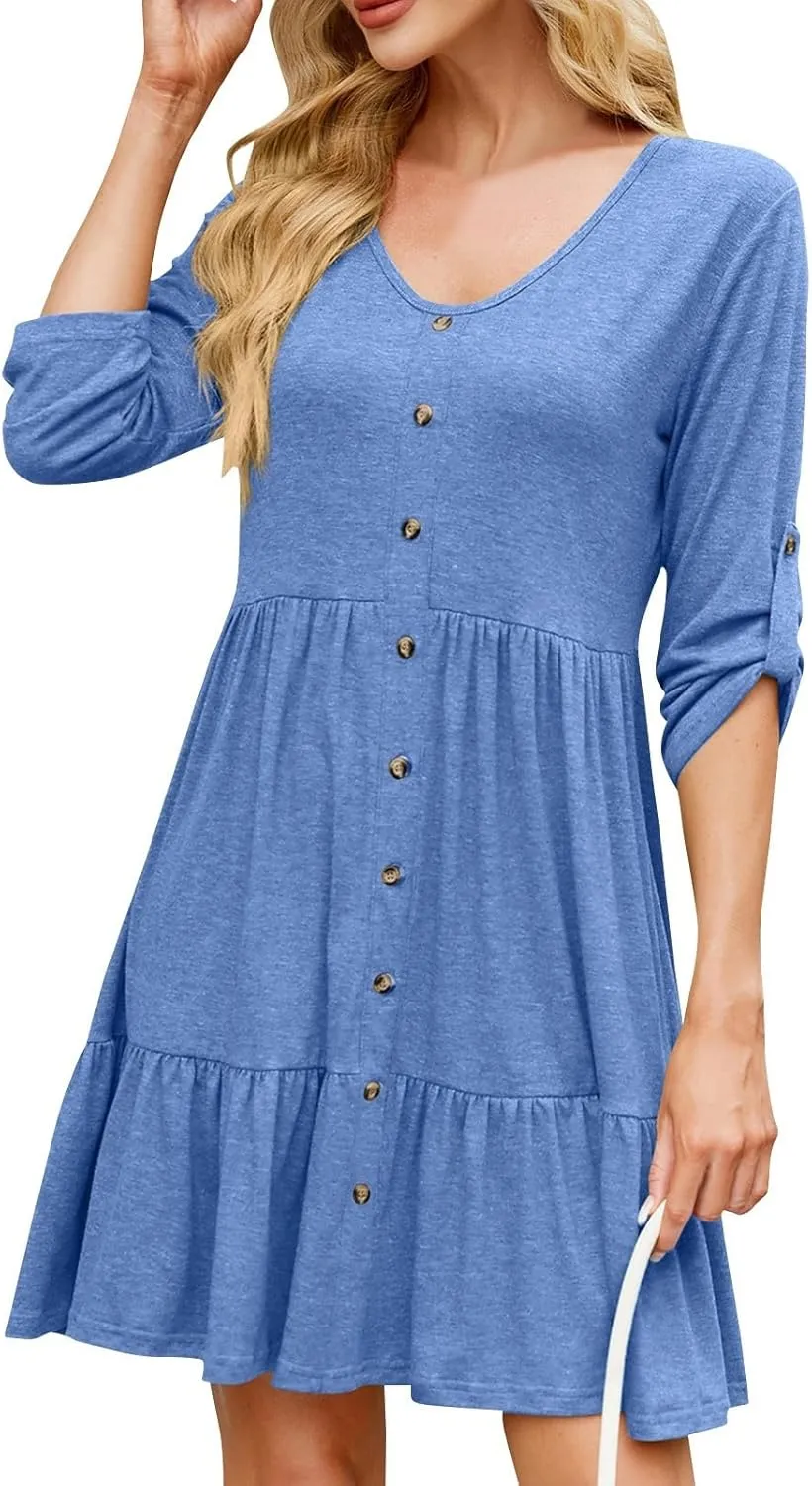 Womens 3/4 Ruffle Sleeve Mini Dress 2025 Spring Swing V Neck Vacation Beach Dresses Cute Babydoll Short Sundress