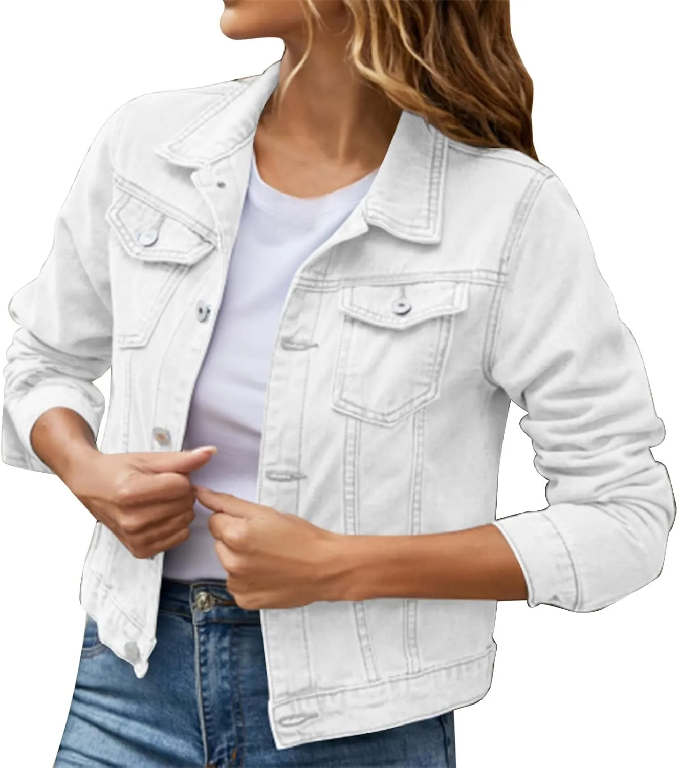 Women's Basic Solid Color Button Down Denim With Pockets Denim Coat Little Denim Jacket