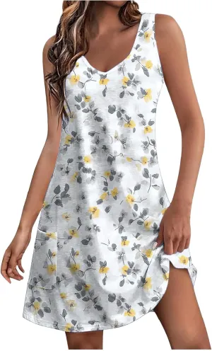 Womens Beach Dresses Trendy Swimsuit Cover Ups Sleeveless Vacation Dresses Floral Flowy Mini Dress Swing Dresses