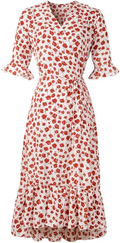 Womens Bohemian Floral Midi Dresses Short Sleeve V Neck Casual Ruffle Dress Side Split Dresses Summer Beach Vacation Outfits