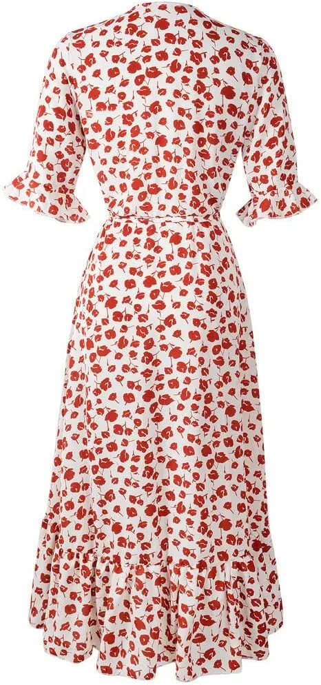 Womens Bohemian Floral Midi Dresses Short Sleeve V Neck Casual Ruffle Dress Side Split Dresses Summer Beach Vacation Outfits