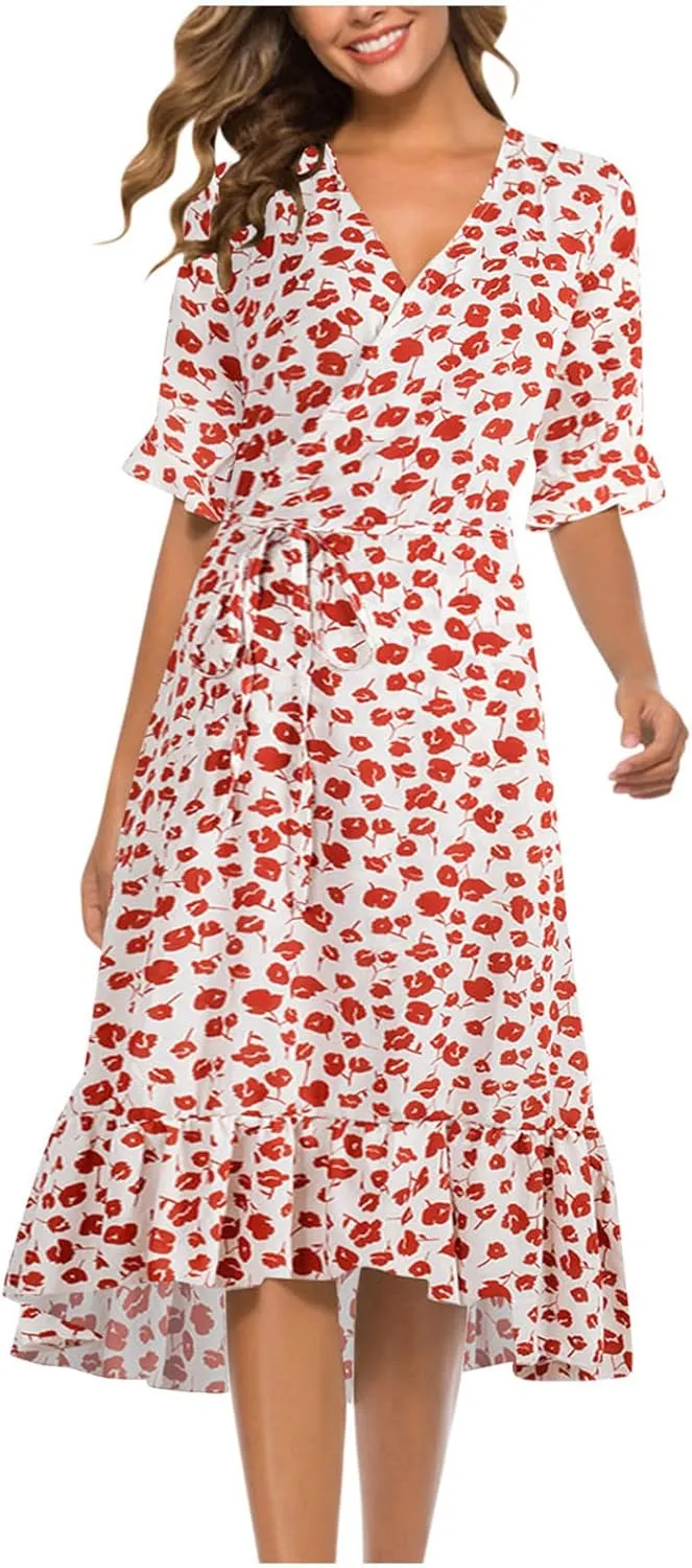 Womens Bohemian Floral Midi Dresses Short Sleeve V Neck Casual Ruffle Dress Side Split Dresses Summer Beach Vacation Outfits