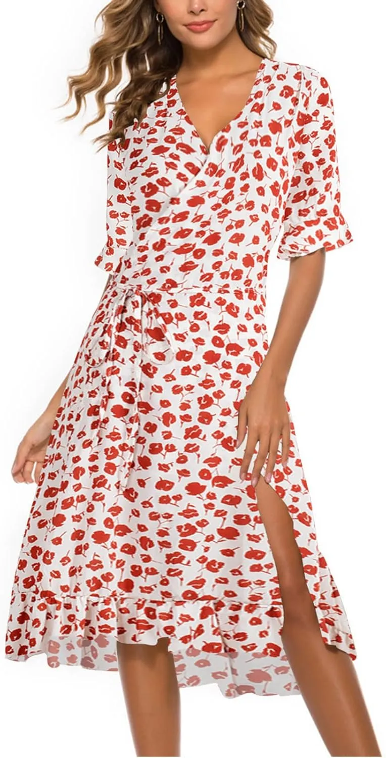 Womens Bohemian Floral Midi Dresses Short Sleeve V Neck Casual Ruffle Dress Side Split Dresses Summer Beach Vacation Outfits