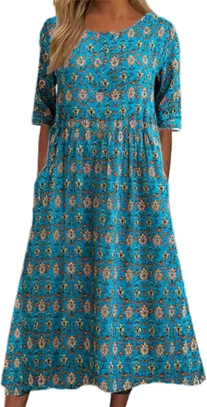 Women's Bohemian Floral Printed Maxi Spring Dress 2025 Colorful Summer Casual Loose Flowy Dresses with Pockets