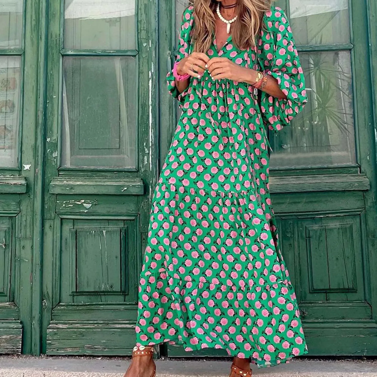 Womens Bohemian Puff Sleeve Maxi Dresses Casual Tiered Ruffle Floral Boho Dress Ankle Length V-Neck Vacation Outfits