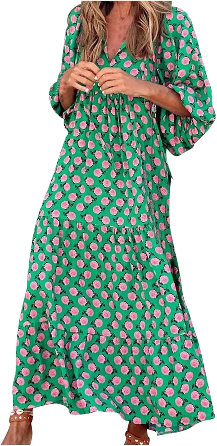 Womens Bohemian Puff Sleeve Maxi Dresses Casual Tiered Ruffle Floral Boho Dress Ankle Length V-Neck Vacation Outfits