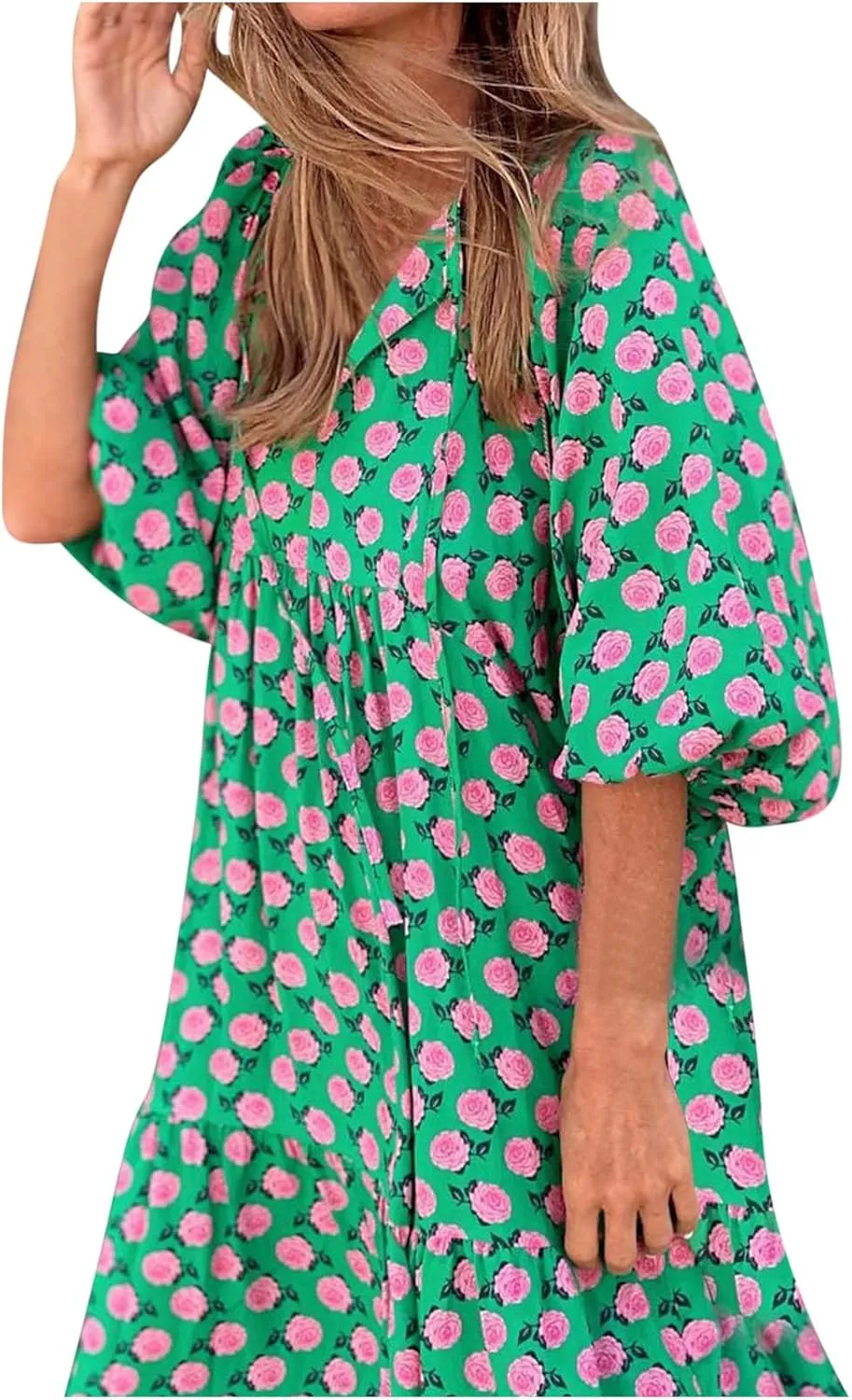Womens Bohemian Puff Sleeve Maxi Dresses Casual Tiered Ruffle Floral Boho Dress Ankle Length V-Neck Vacation Outfits