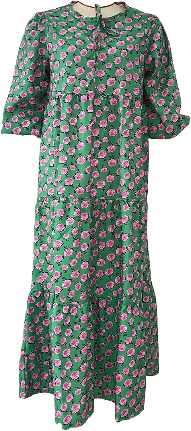 Womens Bohemian Puff Sleeve Maxi Dresses Casual Tiered Ruffle Floral Boho Dress Ankle Length V-Neck Vacation Outfits
