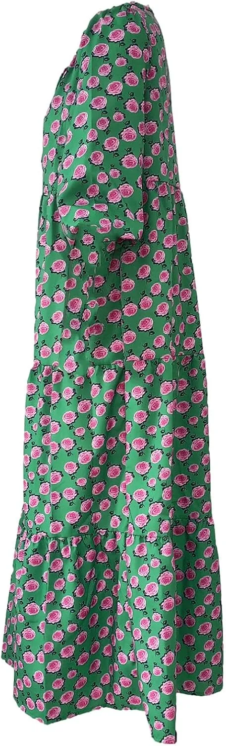 Womens Bohemian Puff Sleeve Maxi Dresses Casual Tiered Ruffle Floral Boho Dress Ankle Length V-Neck Vacation Outfits