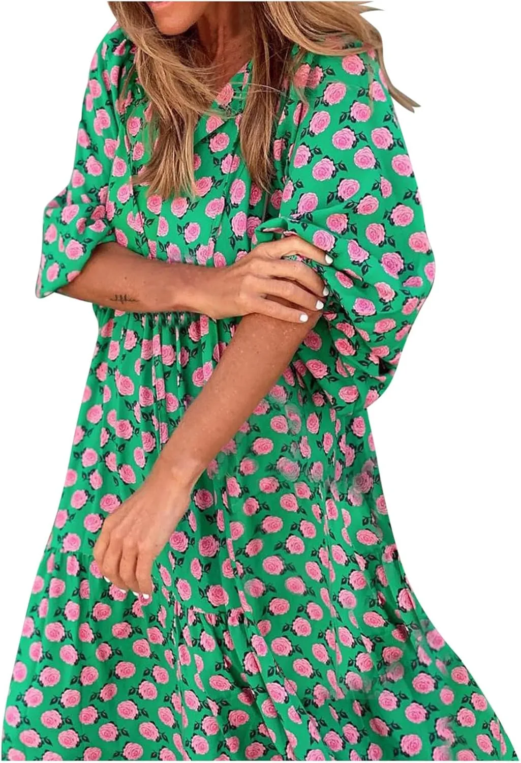 Womens Bohemian Puff Sleeve Maxi Dresses Casual Tiered Ruffle Floral Boho Dress Ankle Length V-Neck Vacation Outfits