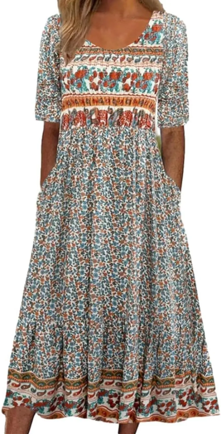 Women's Boho Dress Floral Flowy A Line Swing Casual Long Dress 3/4 Puff Sleeve Midi Loose Summer Beach Dresses with Pockets