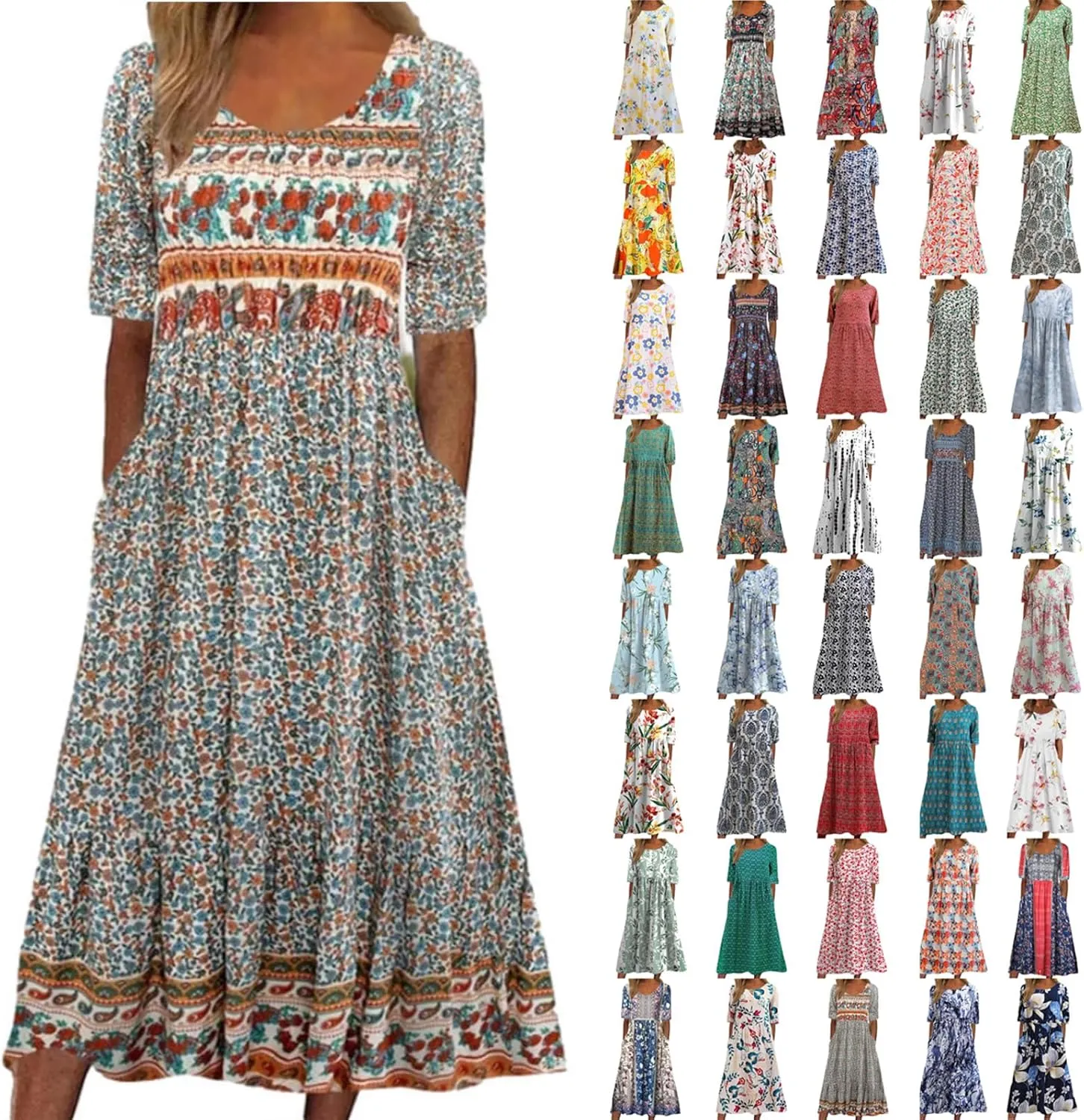 Women's Boho Dress Floral Flowy A Line Swing Casual Long Dress 3/4 Puff Sleeve Midi Loose Summer Beach Dresses with Pockets