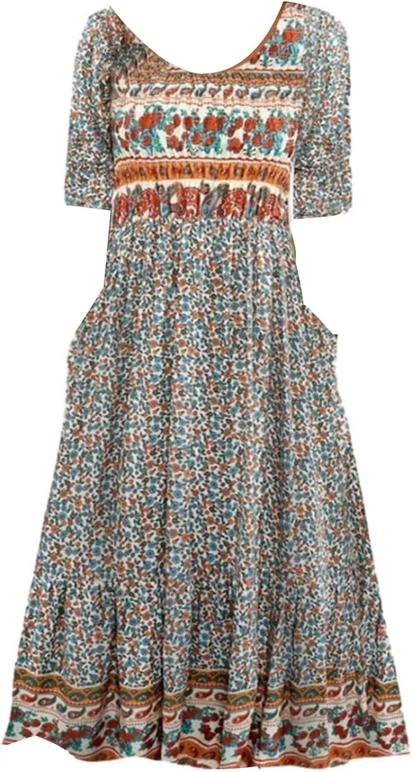 Women's Boho Dress Floral Flowy A Line Swing Casual Long Dress 3/4 Puff Sleeve Midi Loose Summer Beach Dresses with Pockets