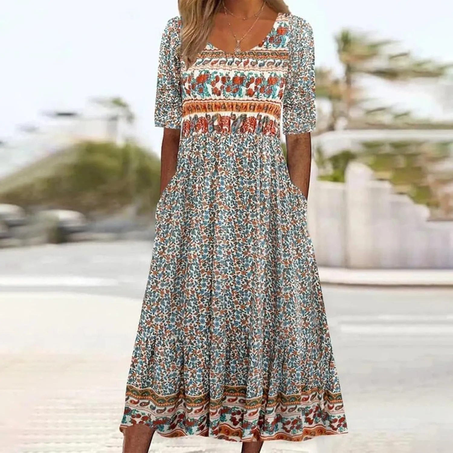 Women's Boho Dress Floral Flowy A Line Swing Casual Long Dress 3/4 Puff Sleeve Midi Loose Summer Beach Dresses with Pockets