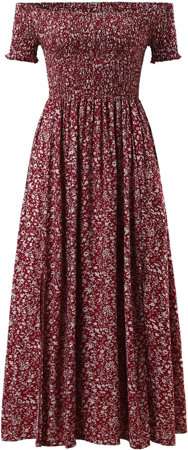 Women's Boho Floral Print Off Shoulder Split Long A Line Dress Floral Short Sleeve A Line Beach Vacation Dresses