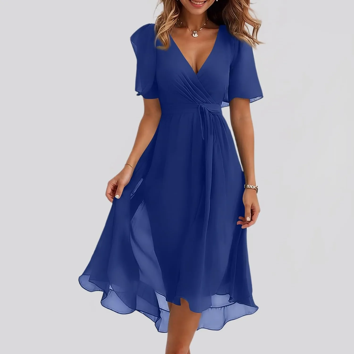 Womens Boho Floral Printed Chiffon Dresses 2025 Elegant V Neck Belted Summer Wedding Prom Cocktail Midi Dress