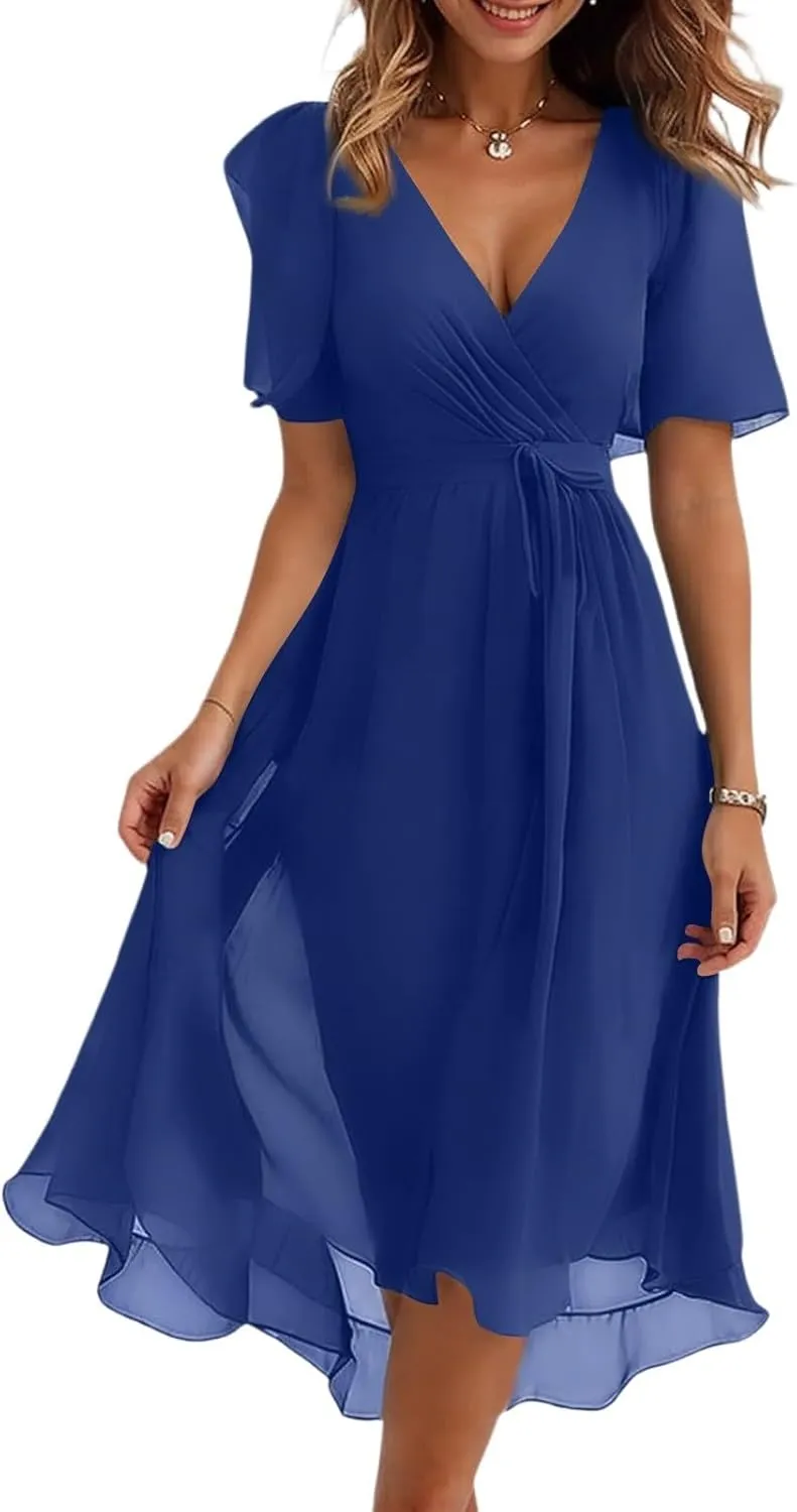 Womens Boho Floral Printed Chiffon Dresses 2025 Elegant V Neck Belted Summer Wedding Prom Cocktail Midi Dress