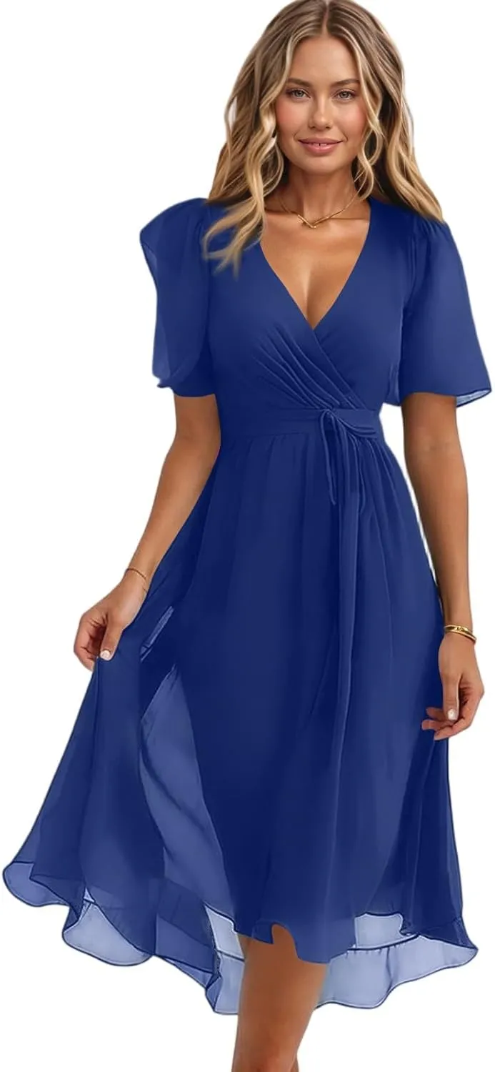 Womens Boho Floral Printed Chiffon Dresses 2025 Elegant V Neck Belted Summer Wedding Prom Cocktail Midi Dress