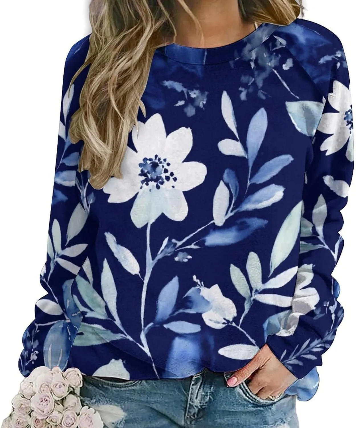 Women's Boho Floral Sweatshirts Casual Oversized Long Sleeve Crewneck Sweatshirts Fall Graphic Pullover Shirt Top