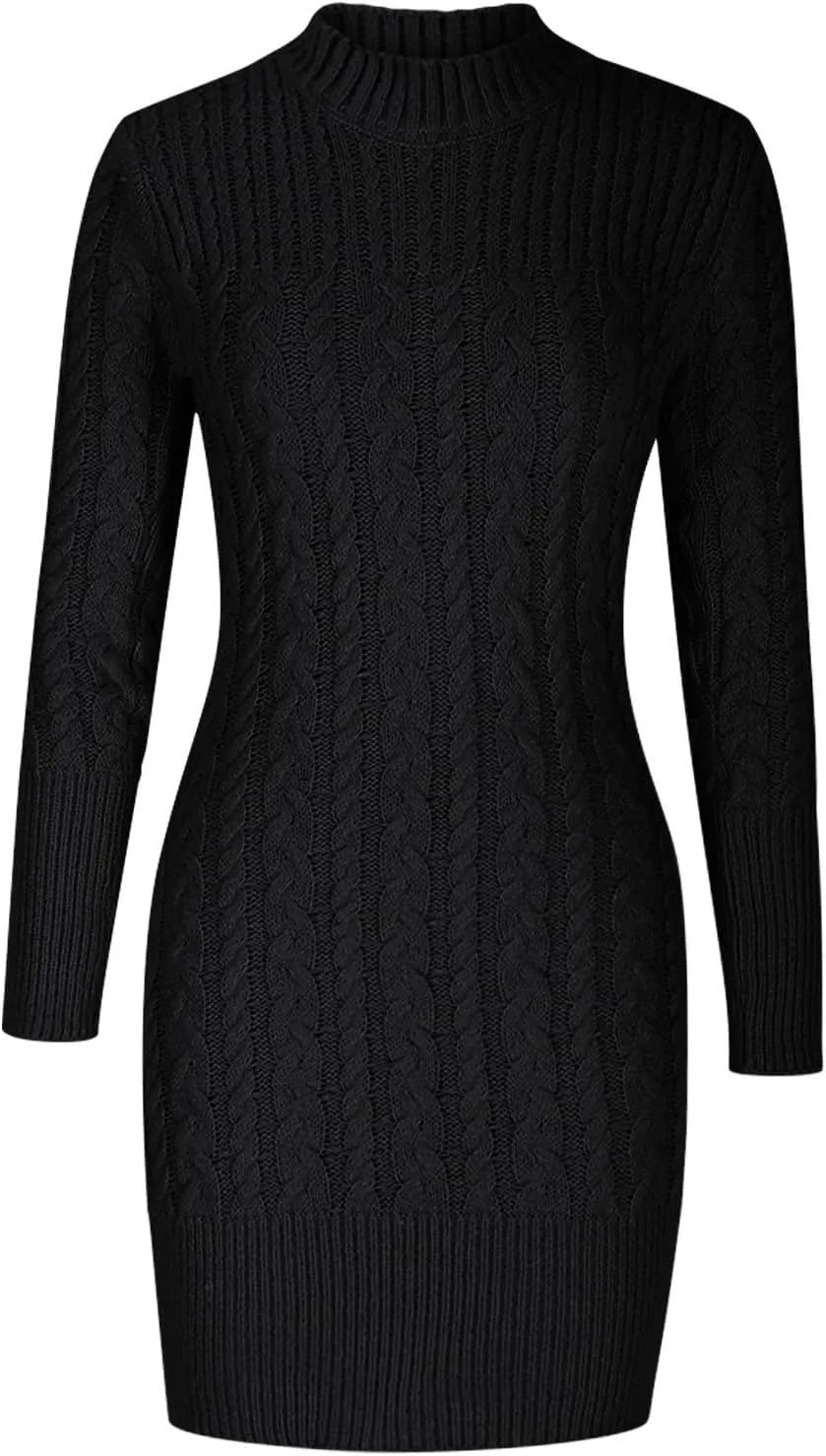 Women's Cabel Knit Bodycon Mini Dress Long Sleeve Fall Crewneck Mini Dress Cocktarl Party Pullover Sweater Dresses