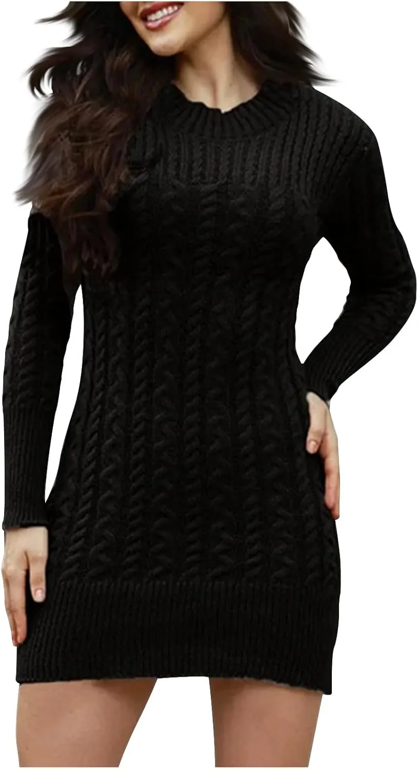Women's Cabel Knit Bodycon Mini Dress Long Sleeve Fall Crewneck Mini Dress Cocktarl Party Pullover Sweater Dresses